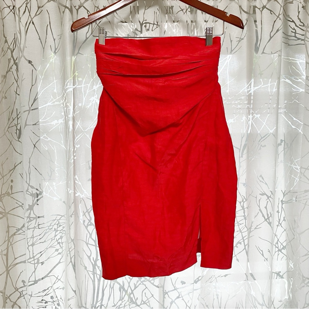CARMEN MARCH red linen high rise gathered waist fitted midi slit pencil skirt - Picture 4 of 9